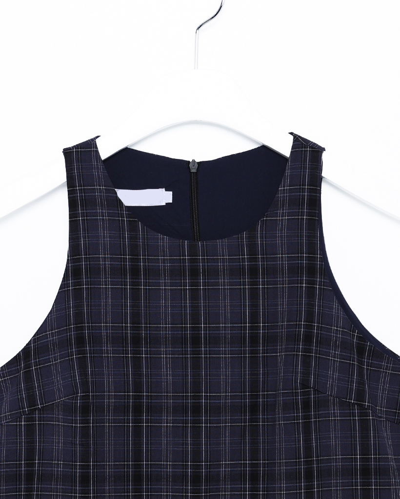 ユニークフリルティアードチェックノースリーブミニワンピース