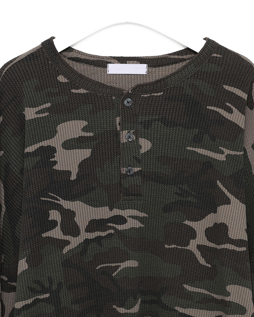 迷彩柄ワッフルヘンリーネックロングTシャツ | ファッション通販