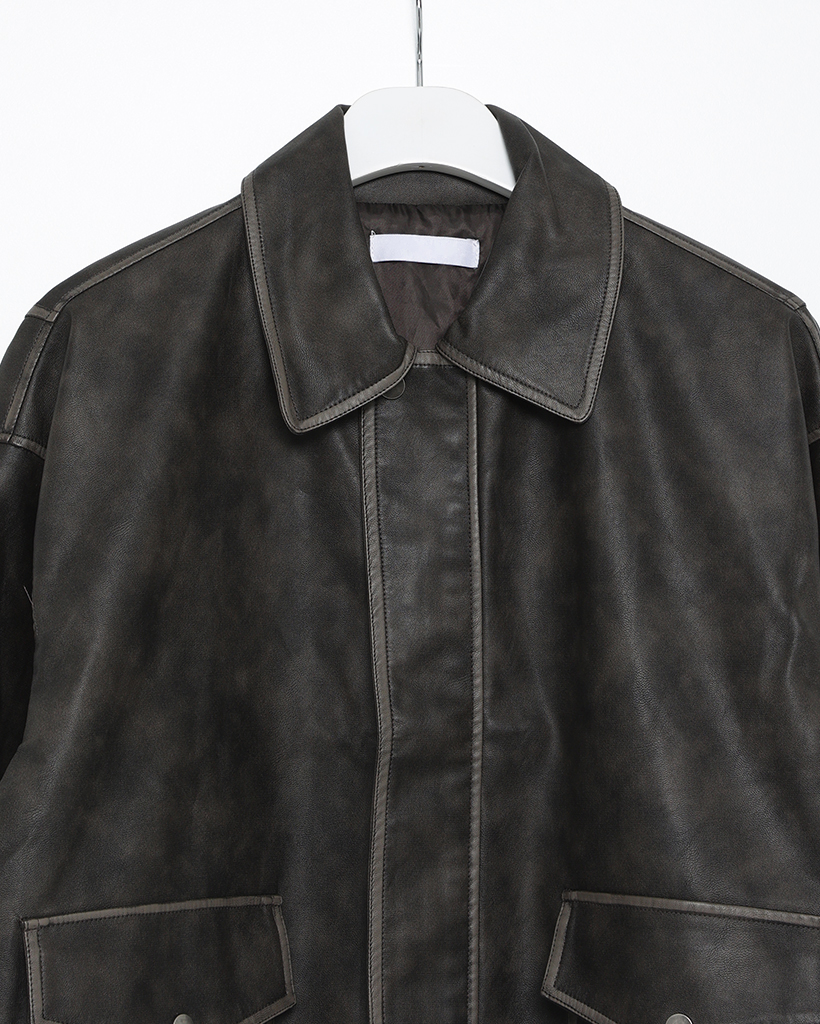 ビンテージウォッシュフラップポケットレザーブルゾン | ファッション