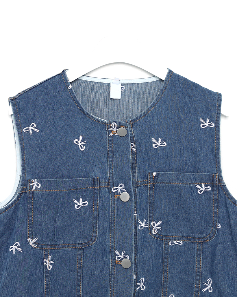 リボンステッチデニムベスト＆パンツセットアップ | ファッション通販