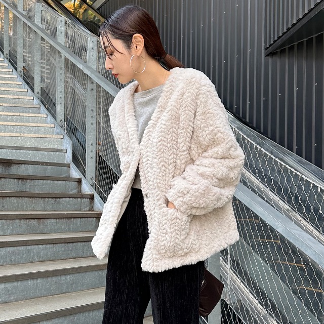 nugu Vネックボアジャケット BLACK beige Vネックボアジャケット | ファッション通販サイト NUGU