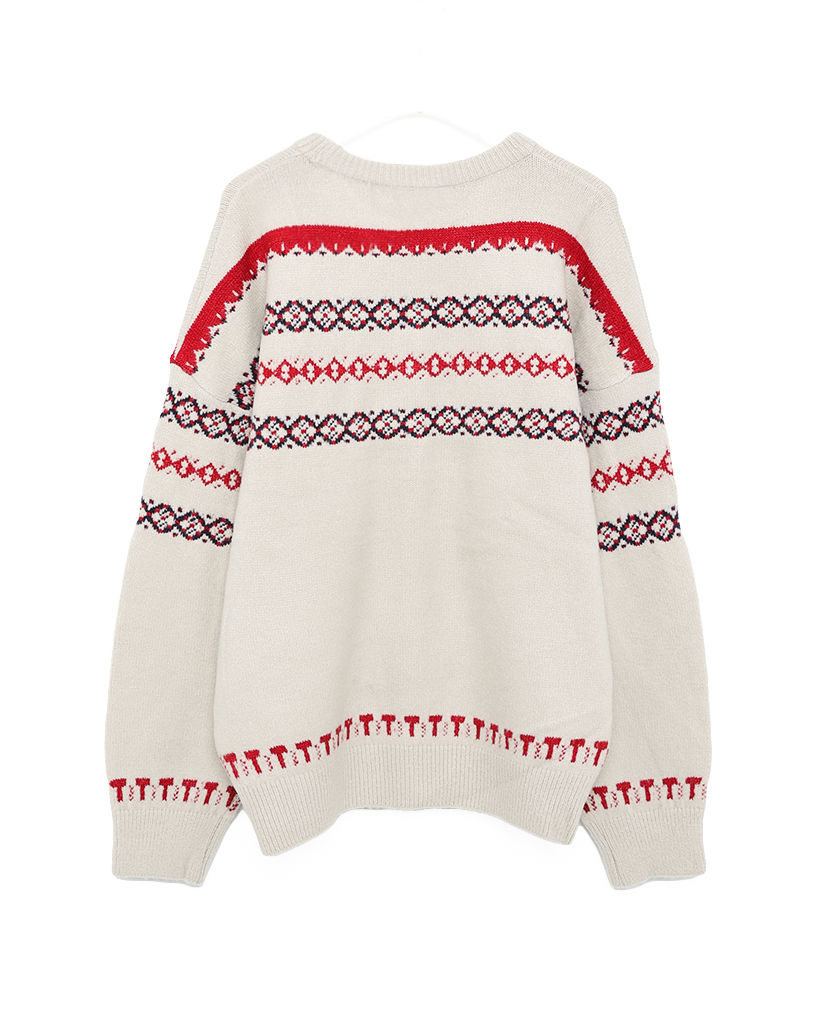 loin. ホワイト　コットンニットセーター ユニークパターンラウンドネックニットセーター | ファッション