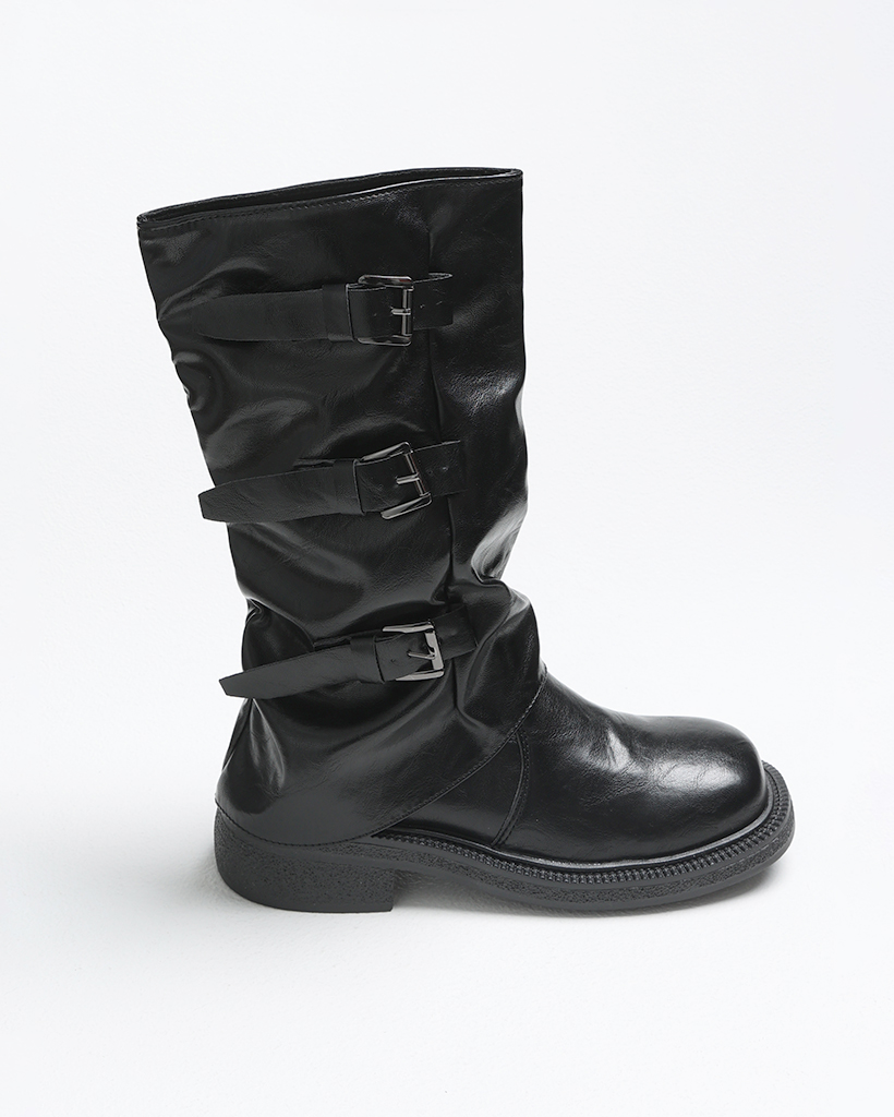 スクエアトゥトリプルベルトミドルブーツ | ファッション通販