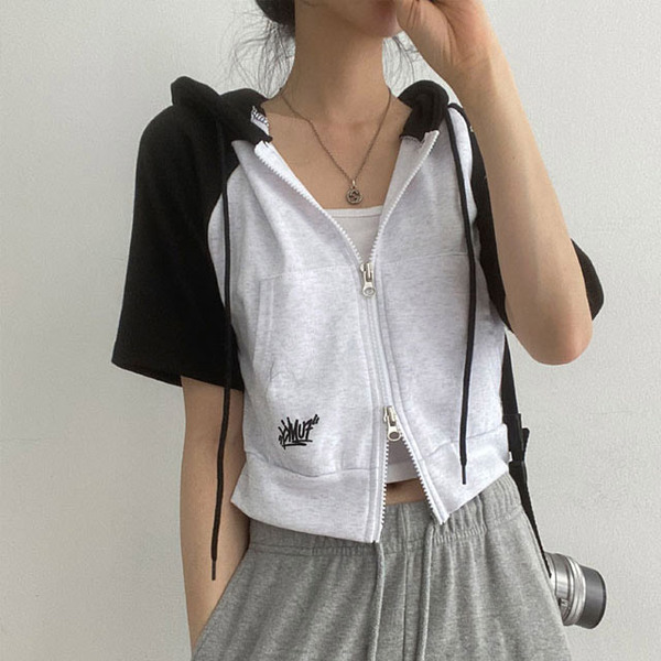 3color]ファンキークロップド2way半袖パーカージップアップ