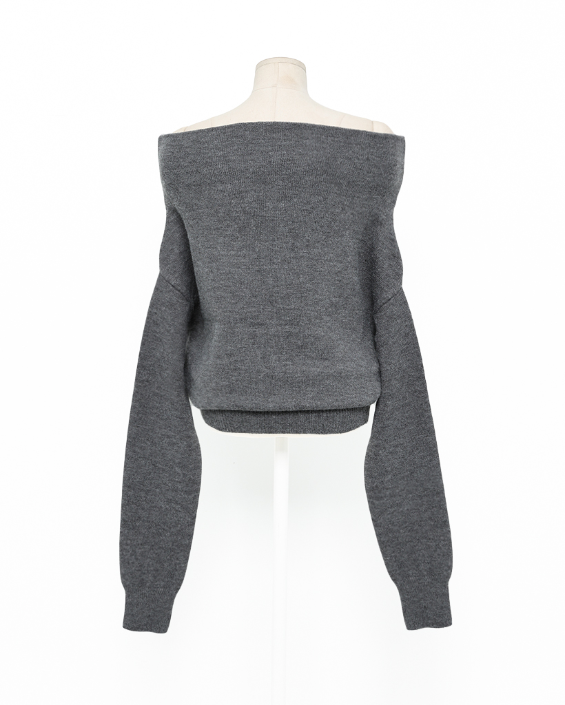 GLOWNY 長袖 ニットセーターグレー オフショルダー レイヤードライクオフショルダーニット／llayered like off shoulder