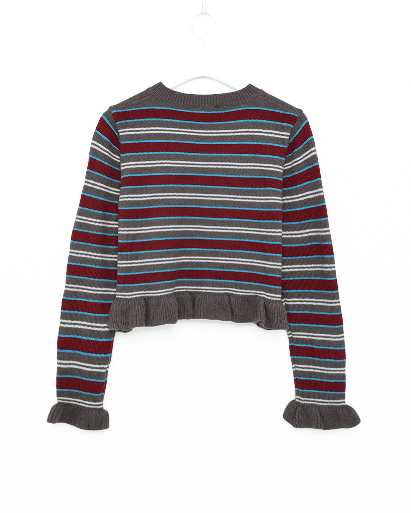 カラフルボーダーリブフリルニットカーディガン | ファッション