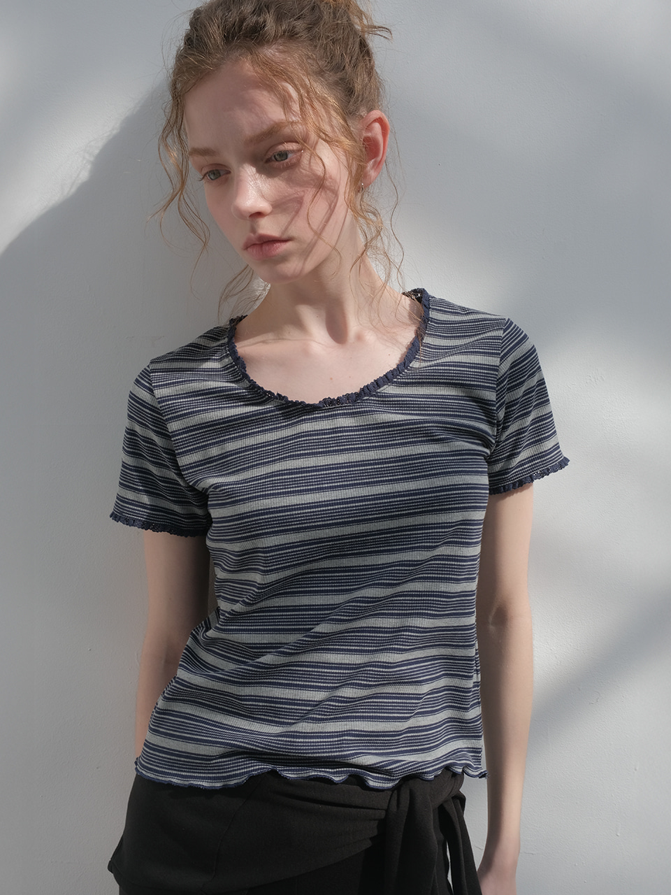 Lace stripe rib T-shirt [KNSS05TS17]_Gray