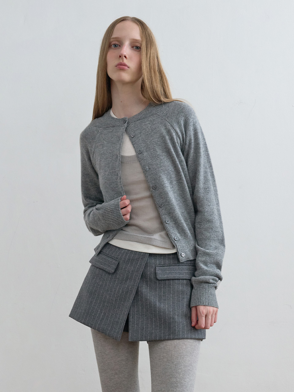 [yu x kijun] Double Neck Knit Cardigan Melange Grey