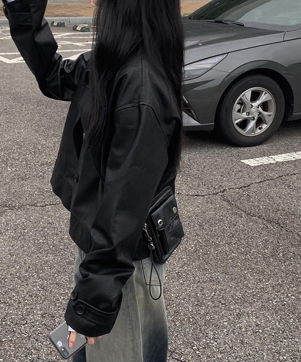 [original]ブラックフェイクレザー襟付きジャケット