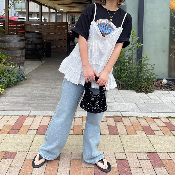 me ダークグリーン フリルキャミソール me+em select tシャツ 「 2color 」アシンメトリーダメージ