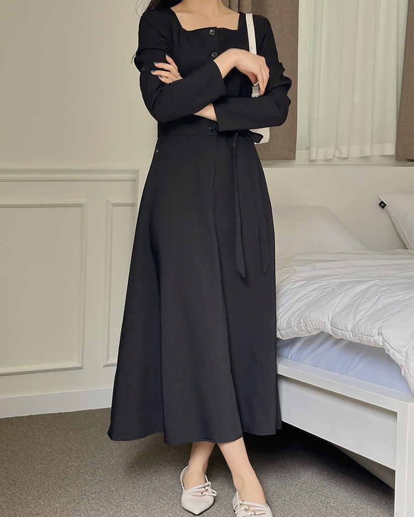 オケージョン】ストラップツーピーススタイルスクエアネックロング