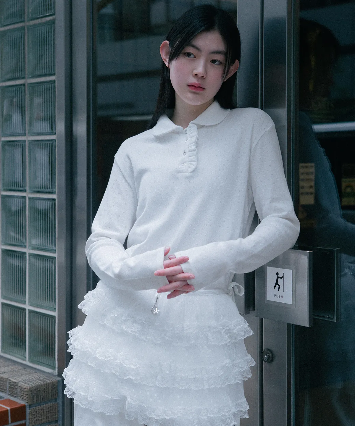 トップス oheshio round collar frill long t-shirt MUSINSA公式 | OHESHIO round collar frill long t-shirt (white)