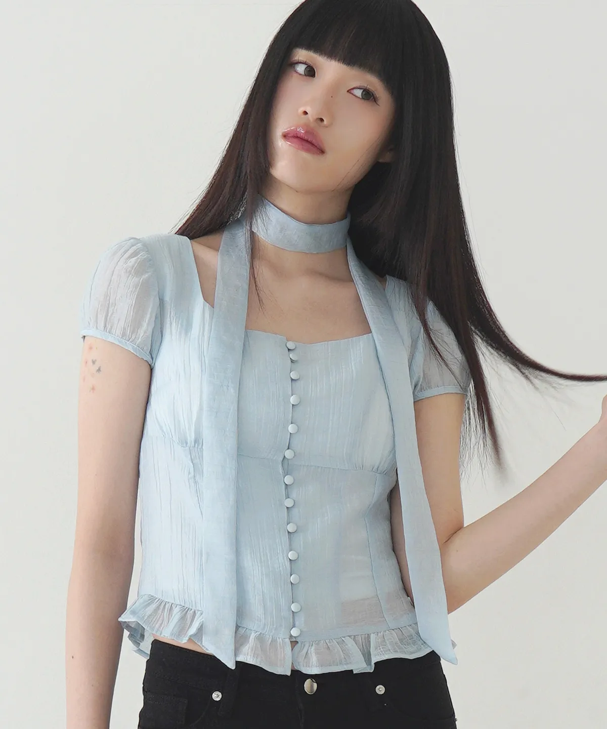 RIBBON TIE SQUARE NECK BLOUSE BLUE | ファッション通販サイト NUGU