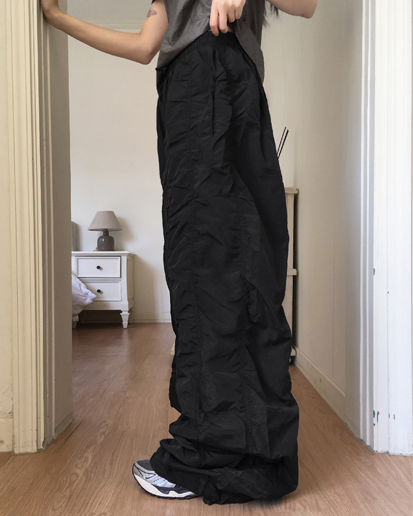 シャーリング2WAYロングワイドナイロンパンツ | ファッション