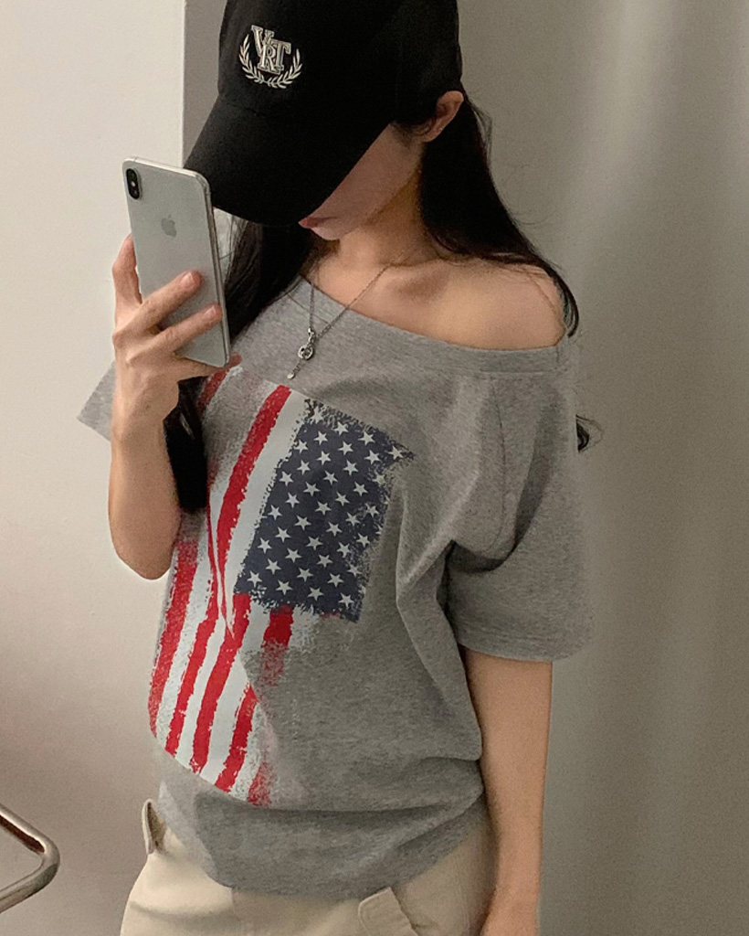 プリントワンショルダー半袖Tシャツ