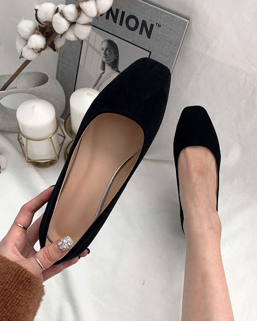 (3color) スエード スクエアトゥ ミドルヒール パンプス