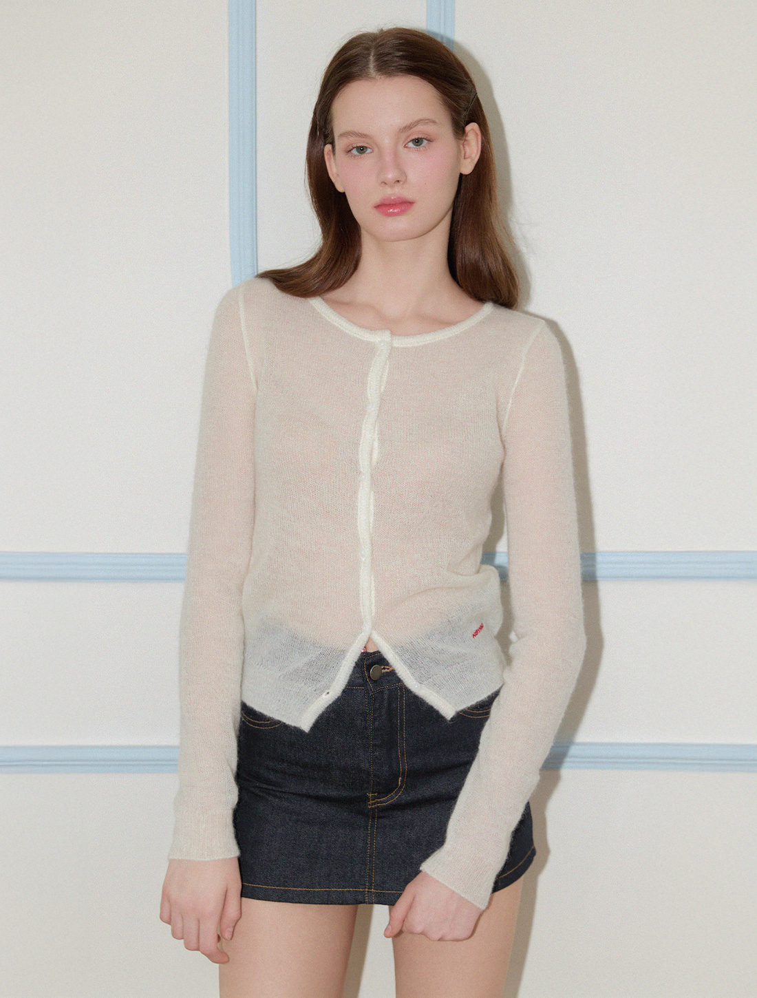 MOHAIR BLENDED ORGANZA FRILL CARDIGAN CREAM | ファッション