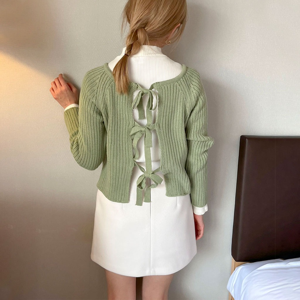 トップス double ribbon knit cardigan SKU-10003219_KNITTED-Zip-Hood-