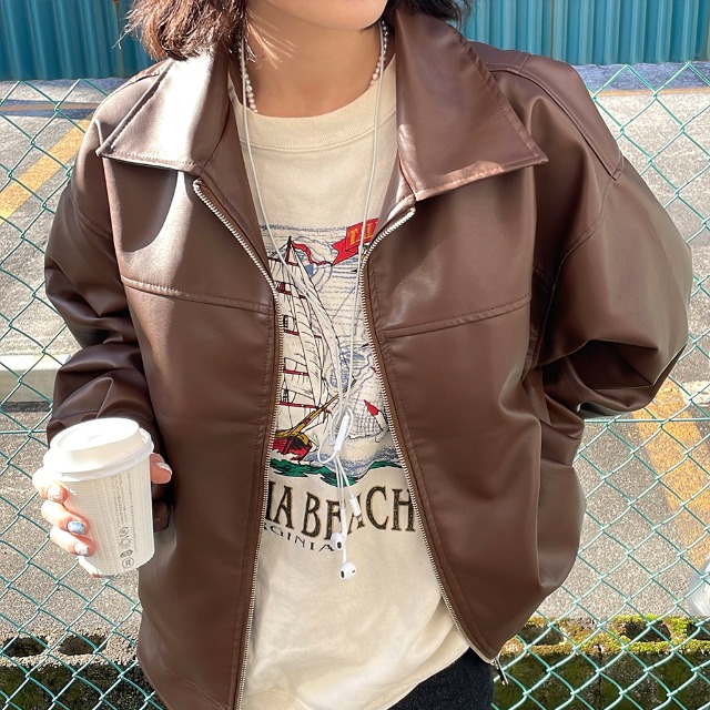 新品タグ付☆ローズティアラフェイクレザー2WAYジャケット茶大きいサイズ46 ビッグファージャケット（83106408） | Rose Tiara (Women