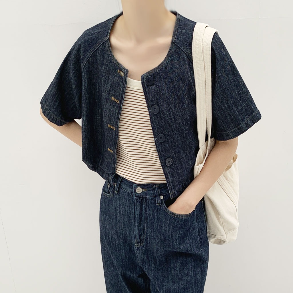 linen denim band collar jacket NUGU