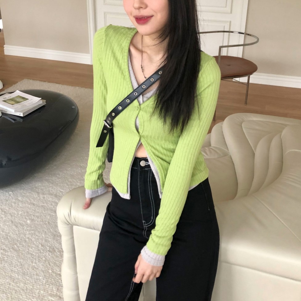 レイヤードニットリブバイカラーVネックスリムカーディガン