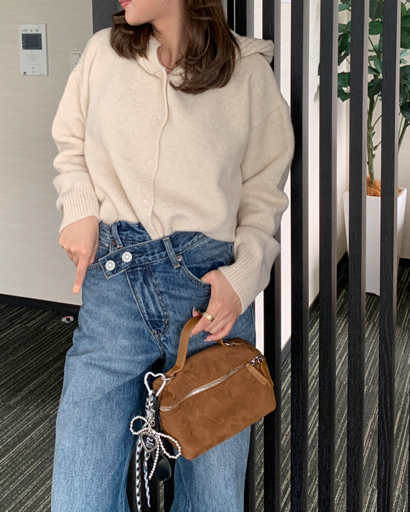 フードボタンカーディガン