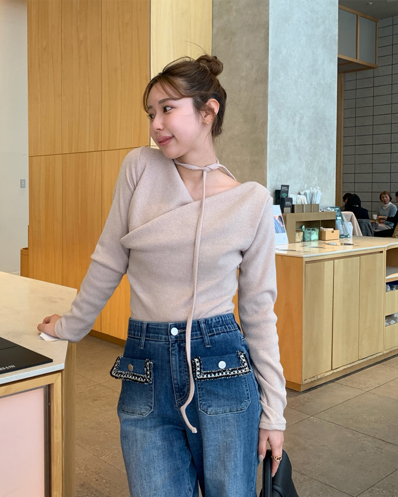 チョーカーセットシャーリングオフショルスリムニット