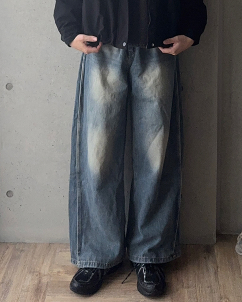 （ユニセックス）ヴィンテージウォッシュワイドデニムパンツ