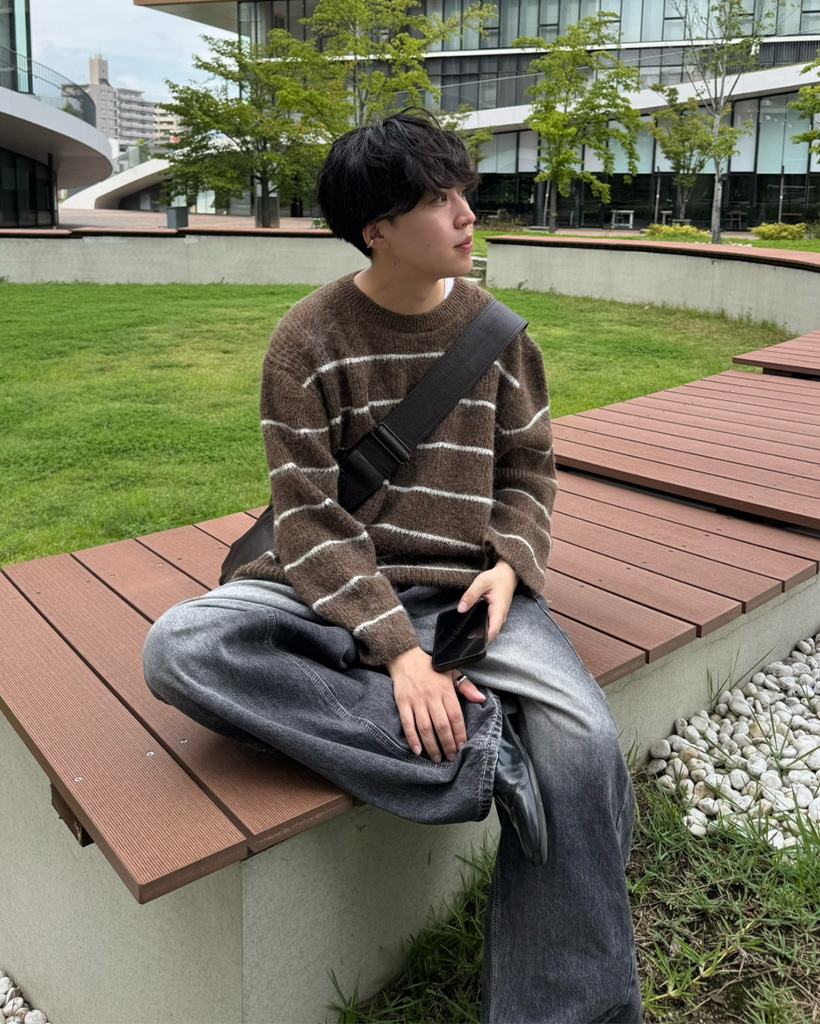 微睡 ユニセックス）ビックボーダーラウンドニット | ファッション