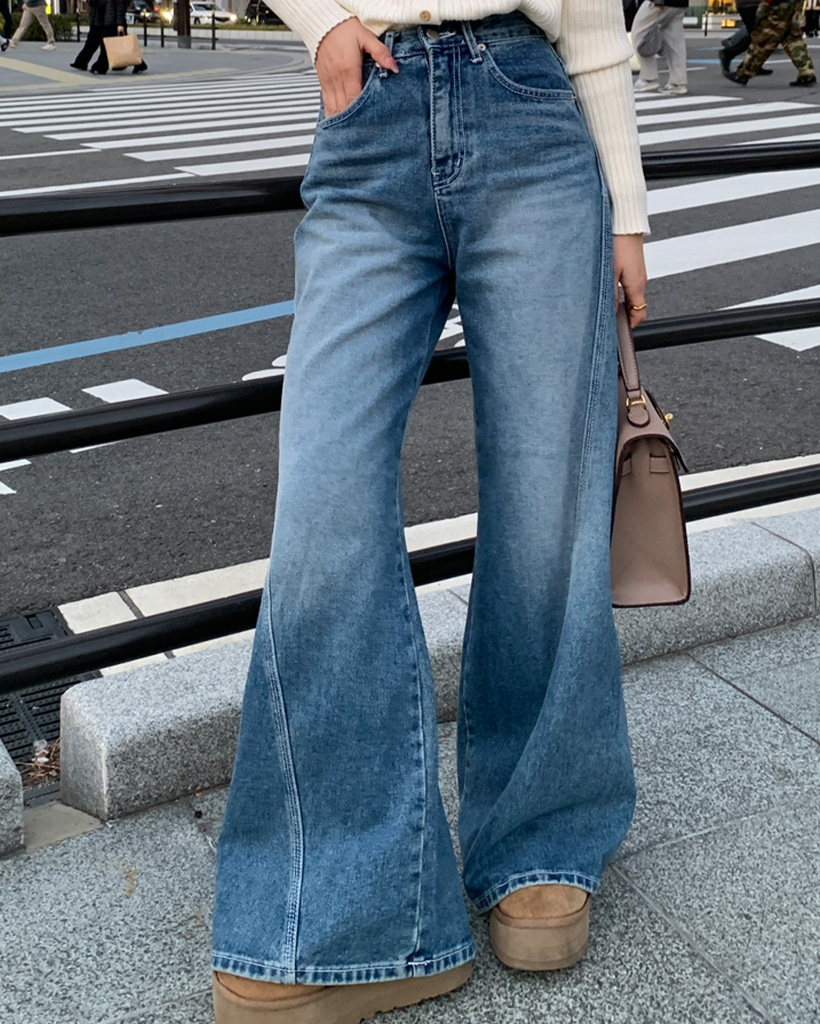 斜線スリットㅏコットンデニムパンツ