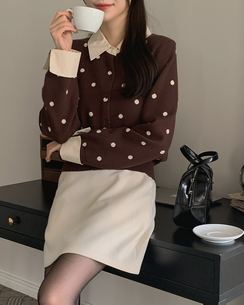 ドット柄シャツレイヤードニットカーディガン