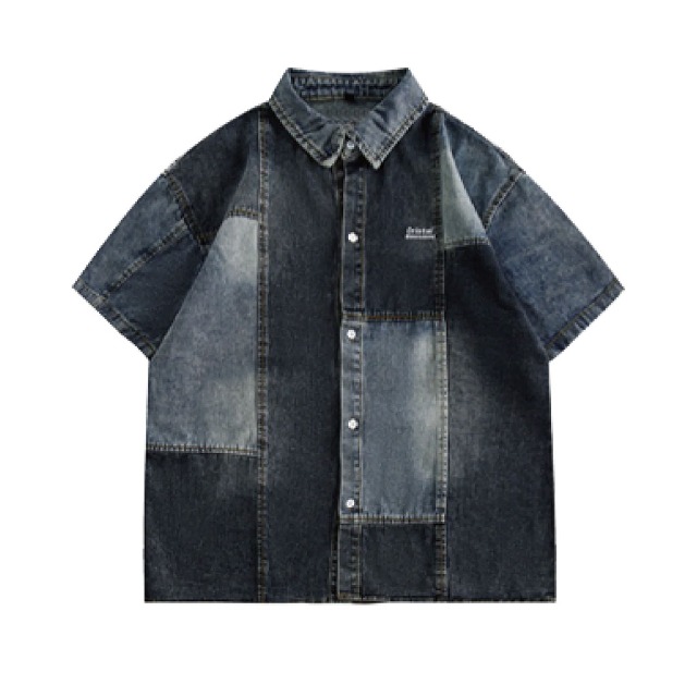 ブロッキングパターンデニムショートスリーブシャツ