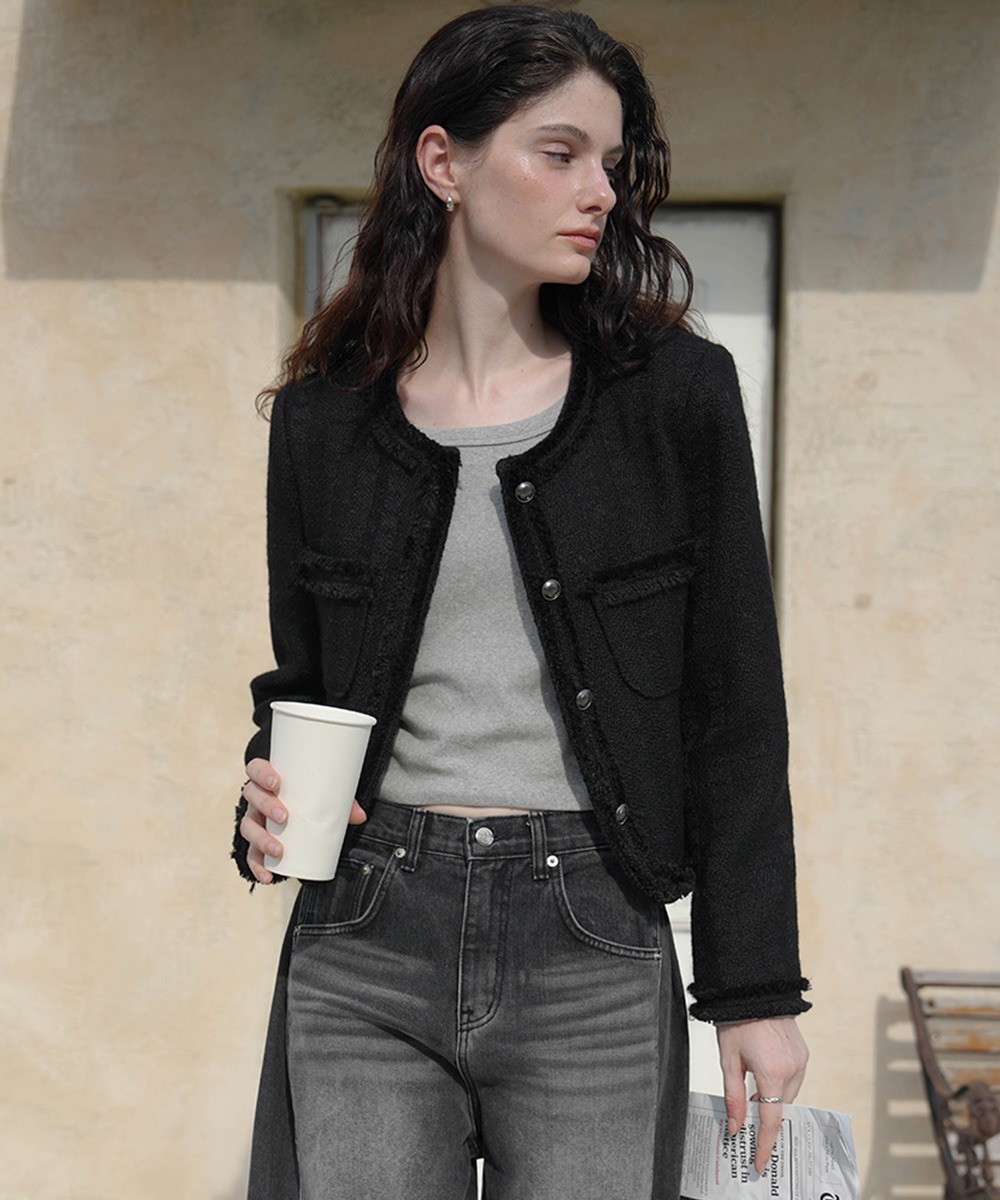 Fringe Trimming Tweed Jacket [Black]