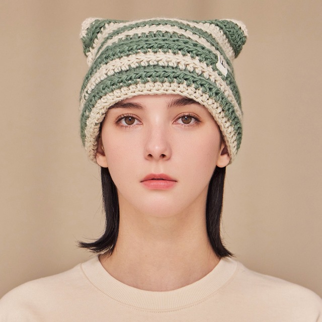 Kアイドル着用]SquareLabelStripeCrochetBeanieGreen | ファッション
