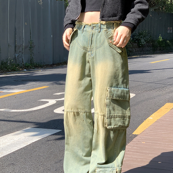 【WONDER WONDER】Factory Cargo String Pocket Wide Denim PT Jackter Guje Cargo String Wide Denim Pants - WONDER WONDER