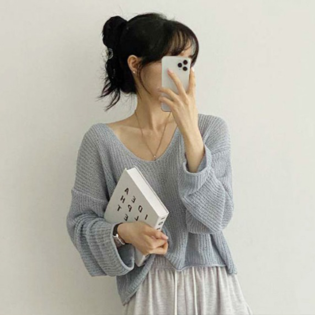 [5color]透かし編Vネッククロップドニット