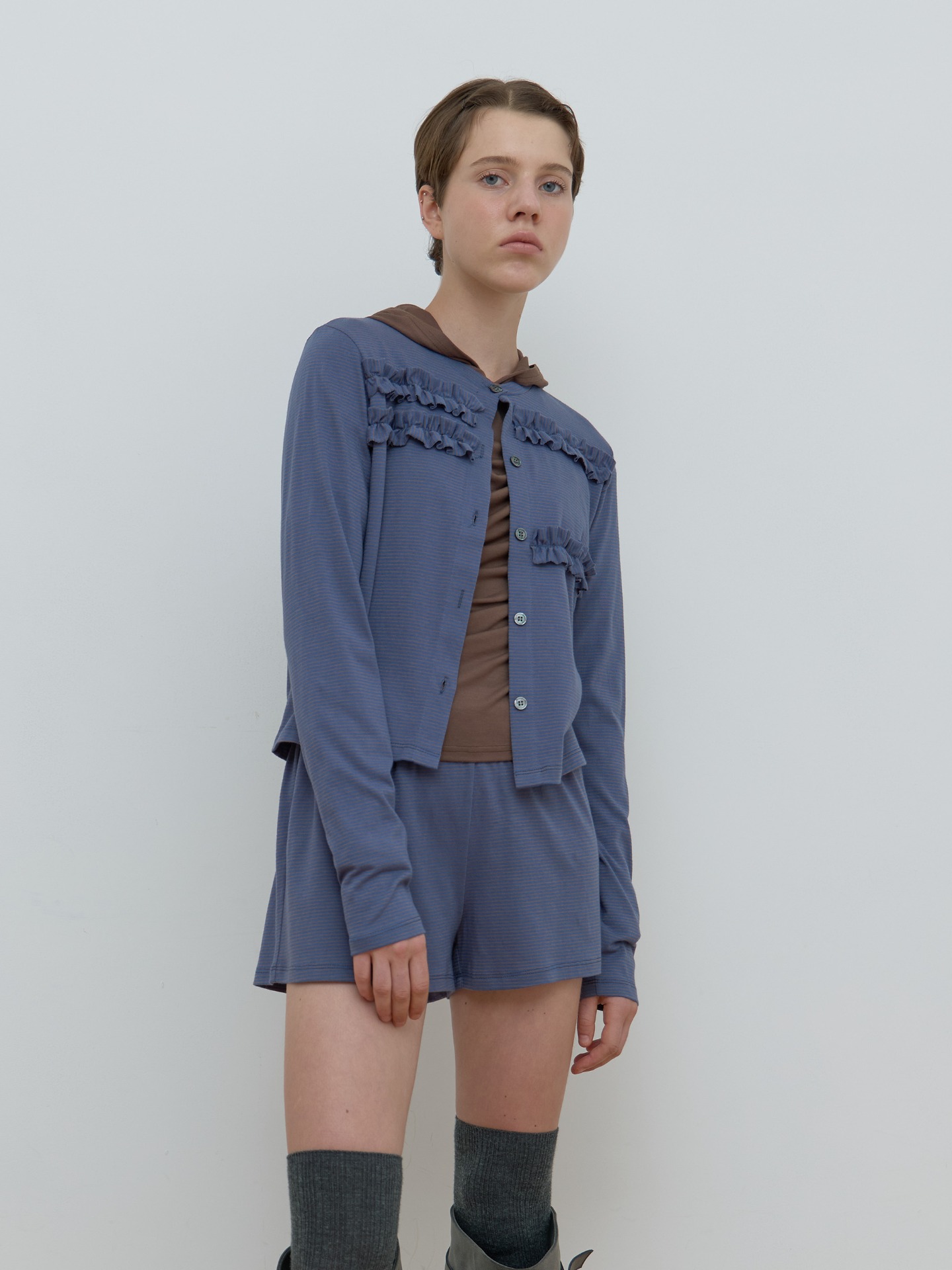 STRIPE FRILL CARDIGAN_BLUE