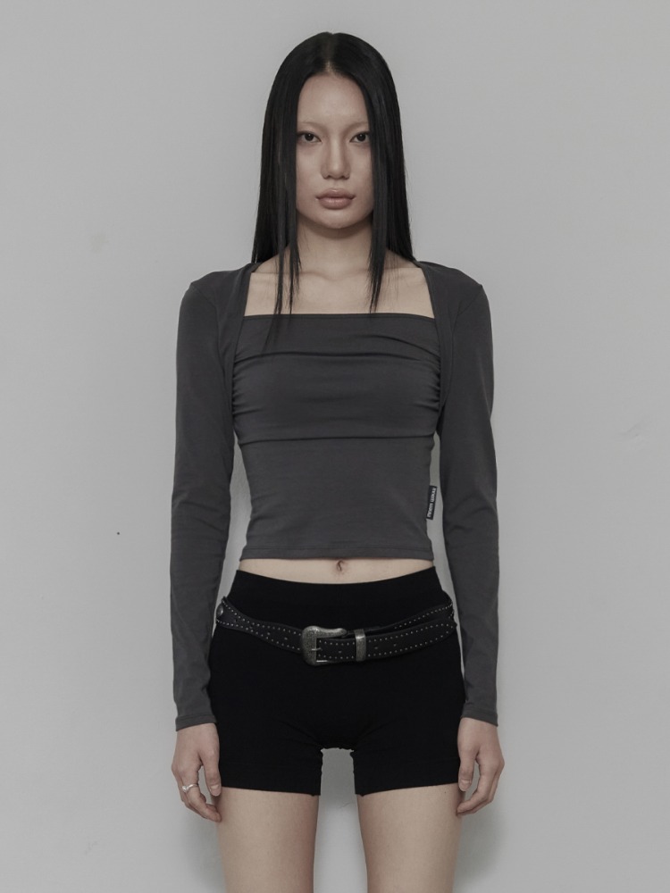 [mnem] Bolero Shirring Top (charcoal)