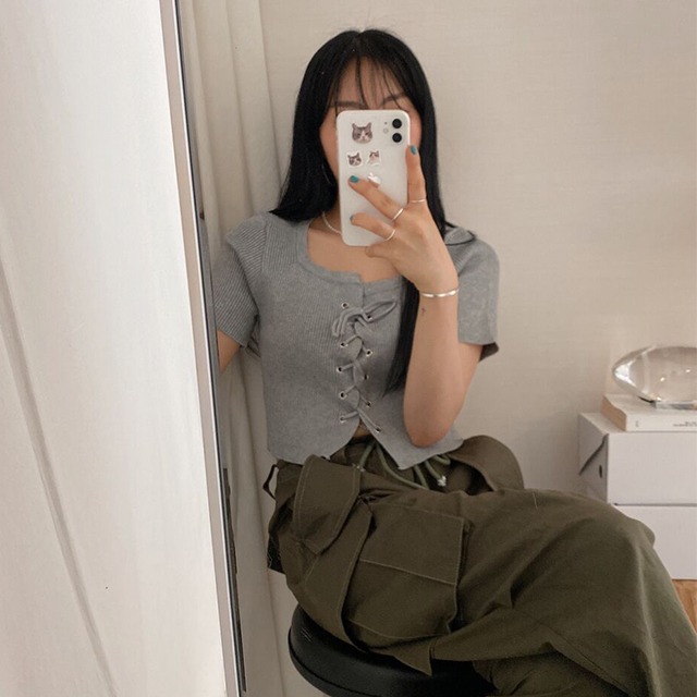 スクエアコルセットカラークロップショートスリーブ