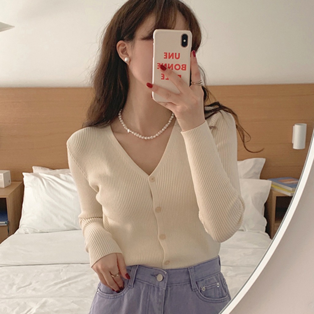 秋Vネックリブスリムボタンニットカーディガン10色