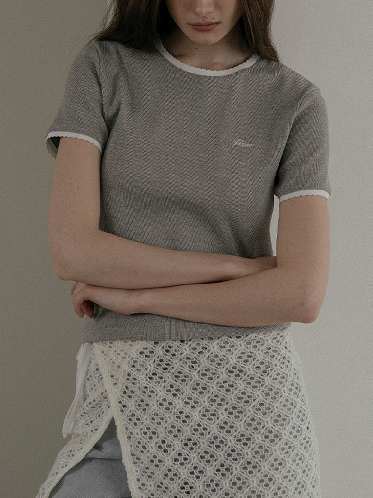 Lace trim logo t-shirt_Gray