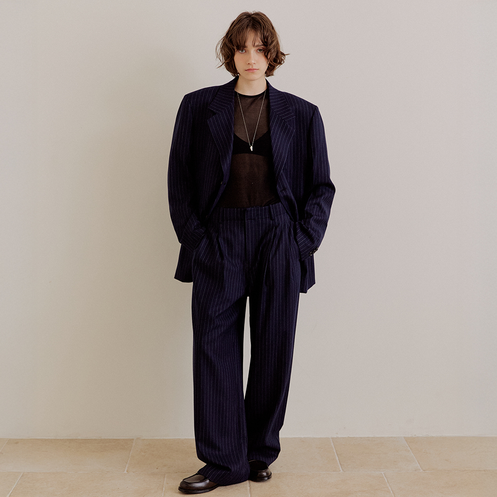 Pinstripe Oversized Wool Pants [Navy]