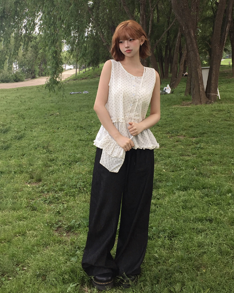 [ミニバッグセット]ドットフリルノースリーブブラウス