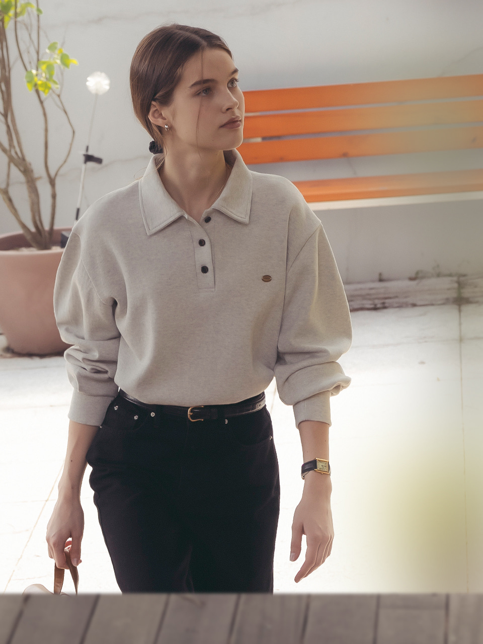 Volume sleeve collar pique t-shirt_Oatmeal.