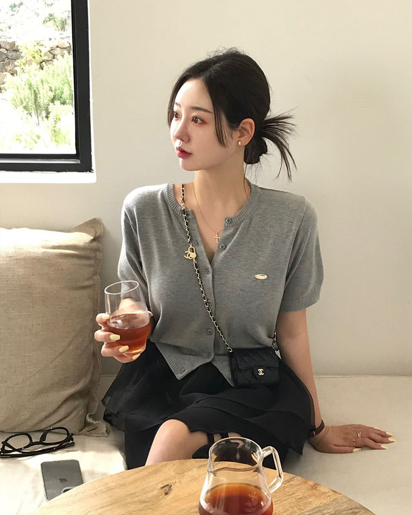 WOMAN シャツレイヤード風ニット半袖カーディガン [BEIGE