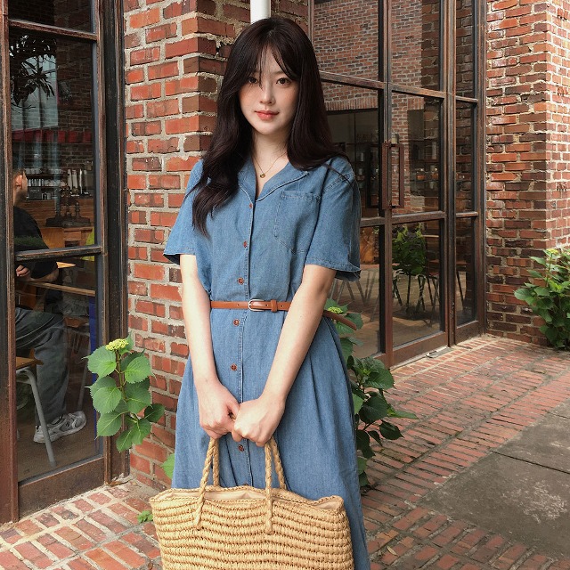Swinベルトデニムワンピース×カゴバッグ