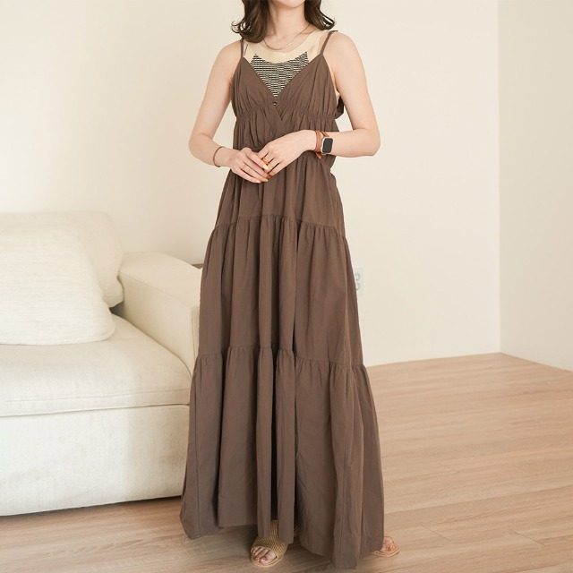 マキシカンカンワンピース×クロップニットキャミ