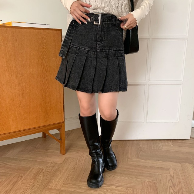 ニット×ベルトデニムプリーツスカート