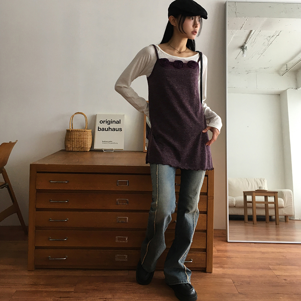 ヴィンテージウェーブレイヤードノースリーブミニワンピース×ブーツカットデニム