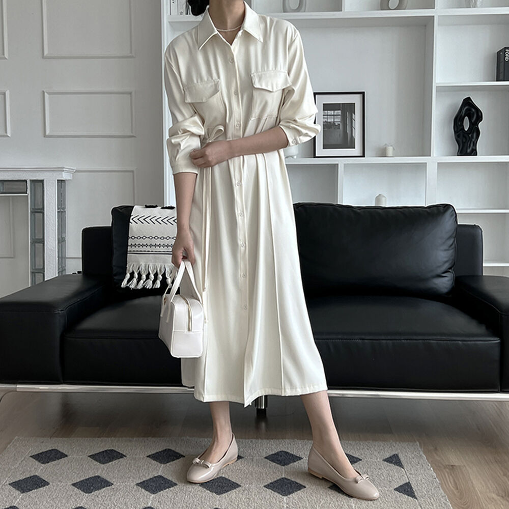 ベルトシャツロングワンピース×ワントーンコーデ